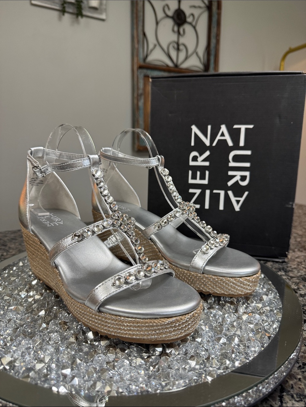 Naturalizer Silver Jeweled Espadrille Wedges with T-Strap NWT 9.5